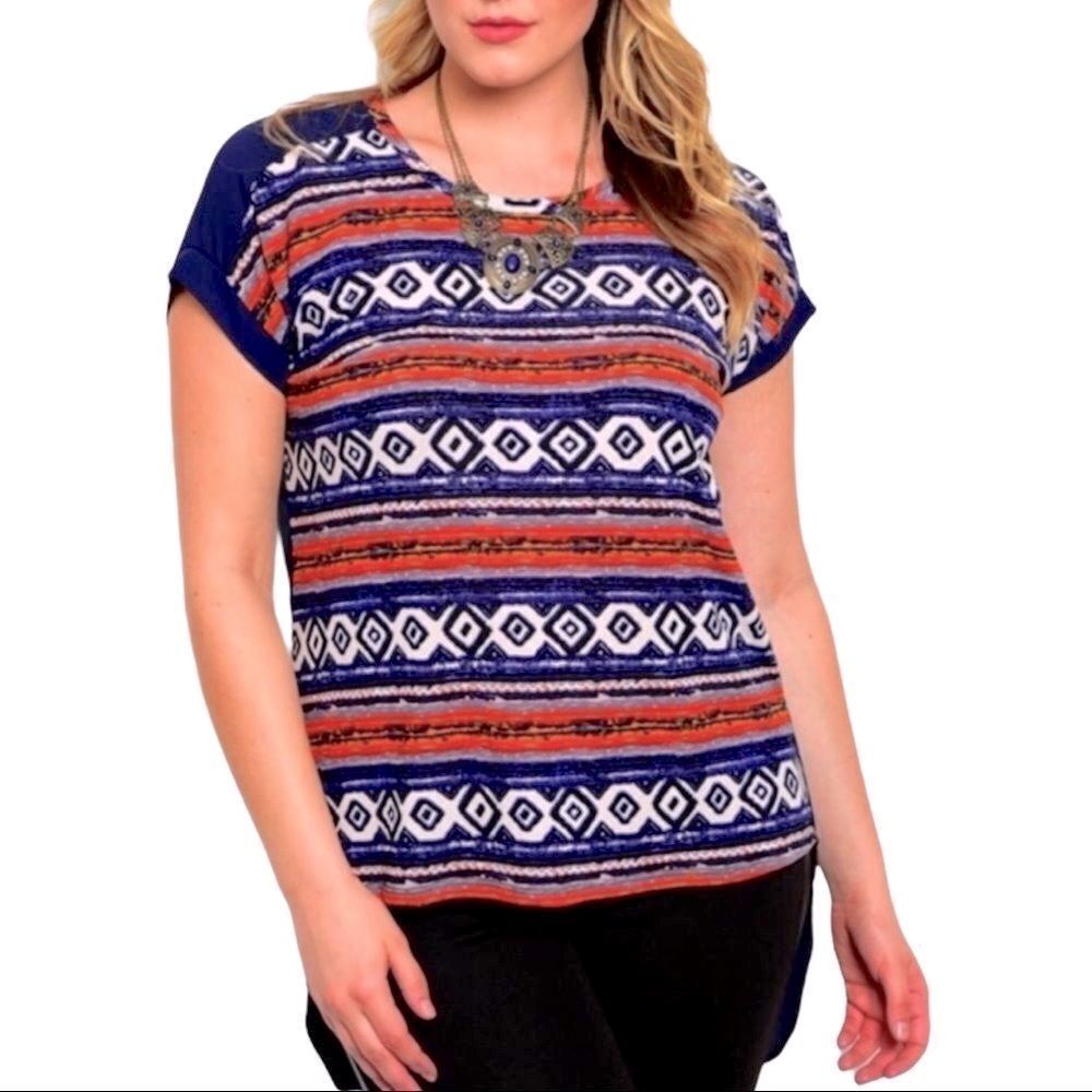 NEW Geo Blue Tribal Top Round Neck Short Sleeve Hi Low Tunic Summer Shirt